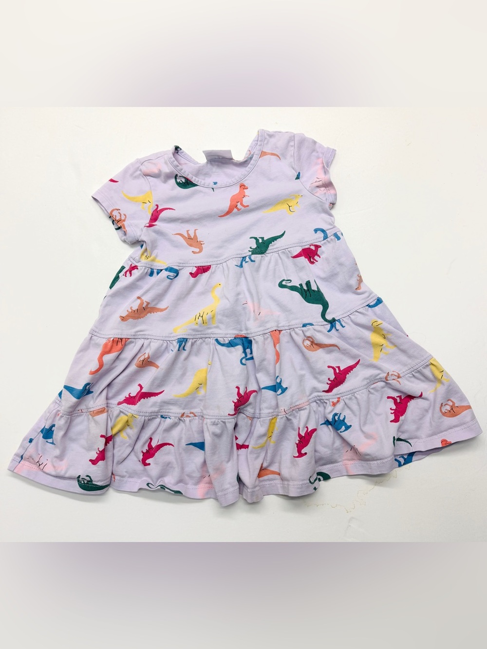 Hanna Andersson Lavender Purple Tiered Dress Rainbow Dinosaur Dino Print